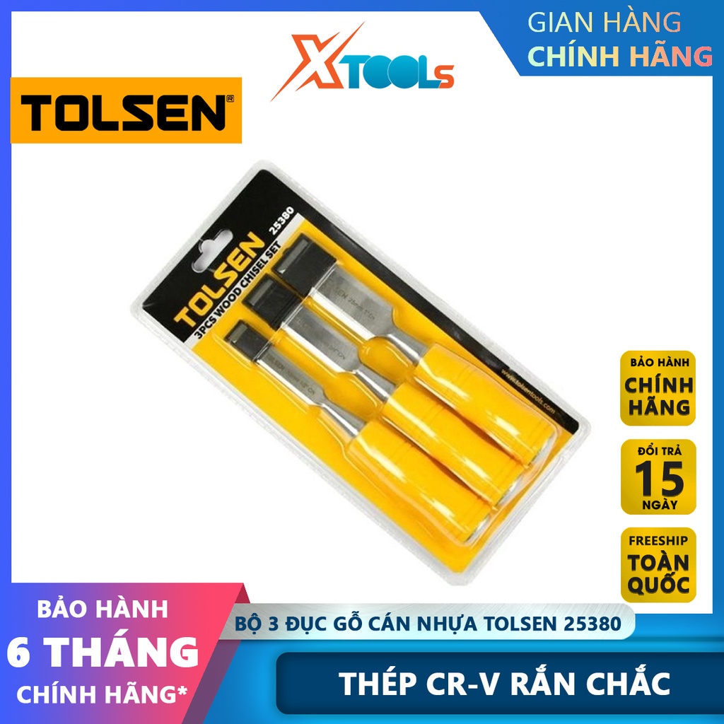 Bộ 3 đục gỗ Tolsen 25380 thép Cr-V rắn chắc, 3 kích thước 1, 1/2, 3/4 inch, tay cầm nhựa chắc chắn [CHÍNH HÃNG][XTOOLS]