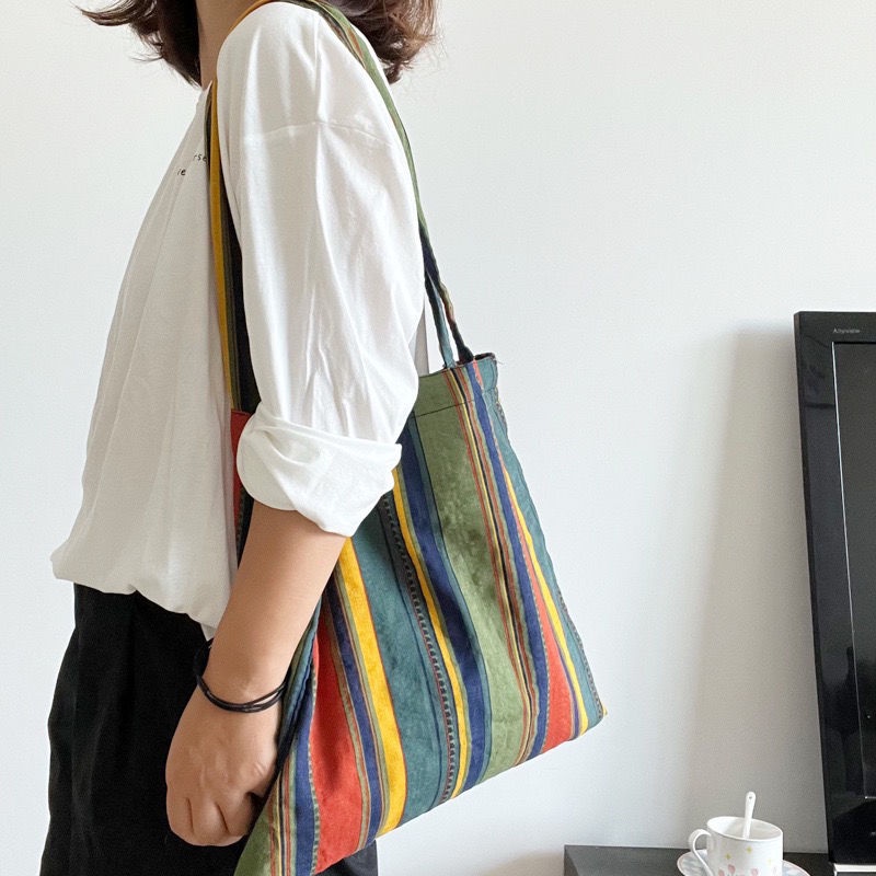 Túi Xách Vải Lanh Cotton Cỡ Lớn Họa Tiết Kẻ Sọc Cầu Vồng Phong Cách Retro