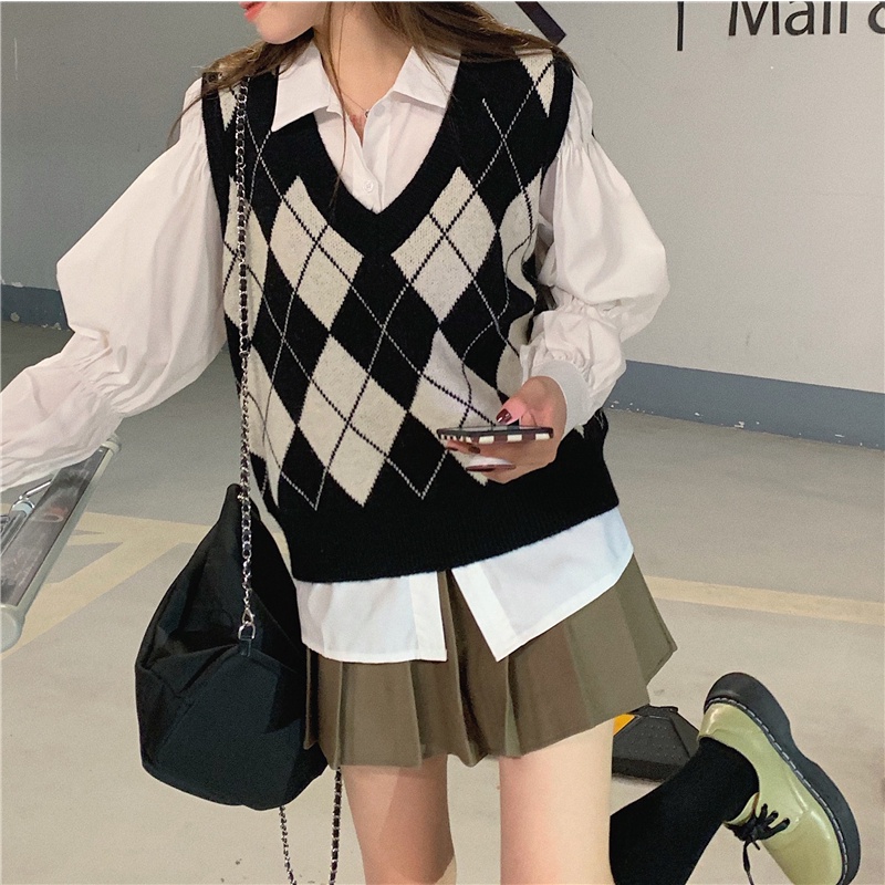 Áo gile len nữ ulzzang họa tiết ô trám chất len dệt kim đẹp áo len không tay cá tính - AL12 (sẵn) | BigBuy360 - bigbuy360.vn