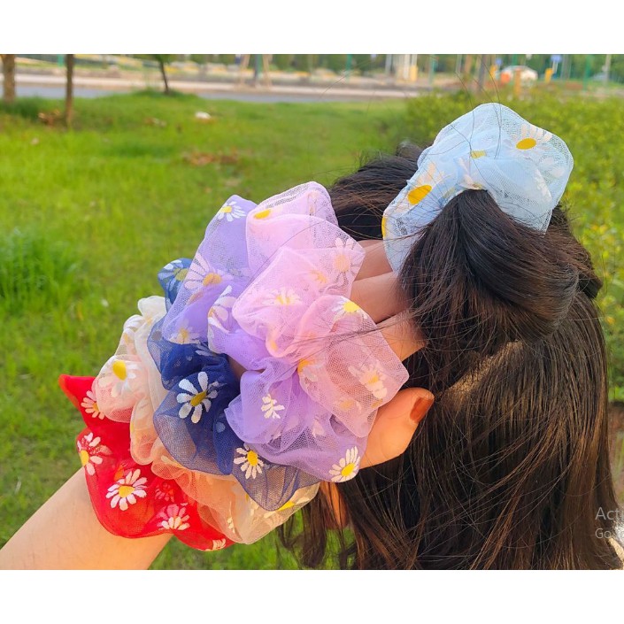 Dây buộc tóc, cột tóc vải scrunchies HOA CÚC thêu siêu đẹp