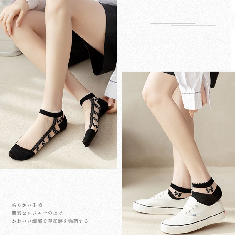 Xiangbao Vớ Thuyền Cổ Thấp Bằng Sợi Thủy Tinh Phối Vải Cotton Mỏng Họa Tiết Nơ
