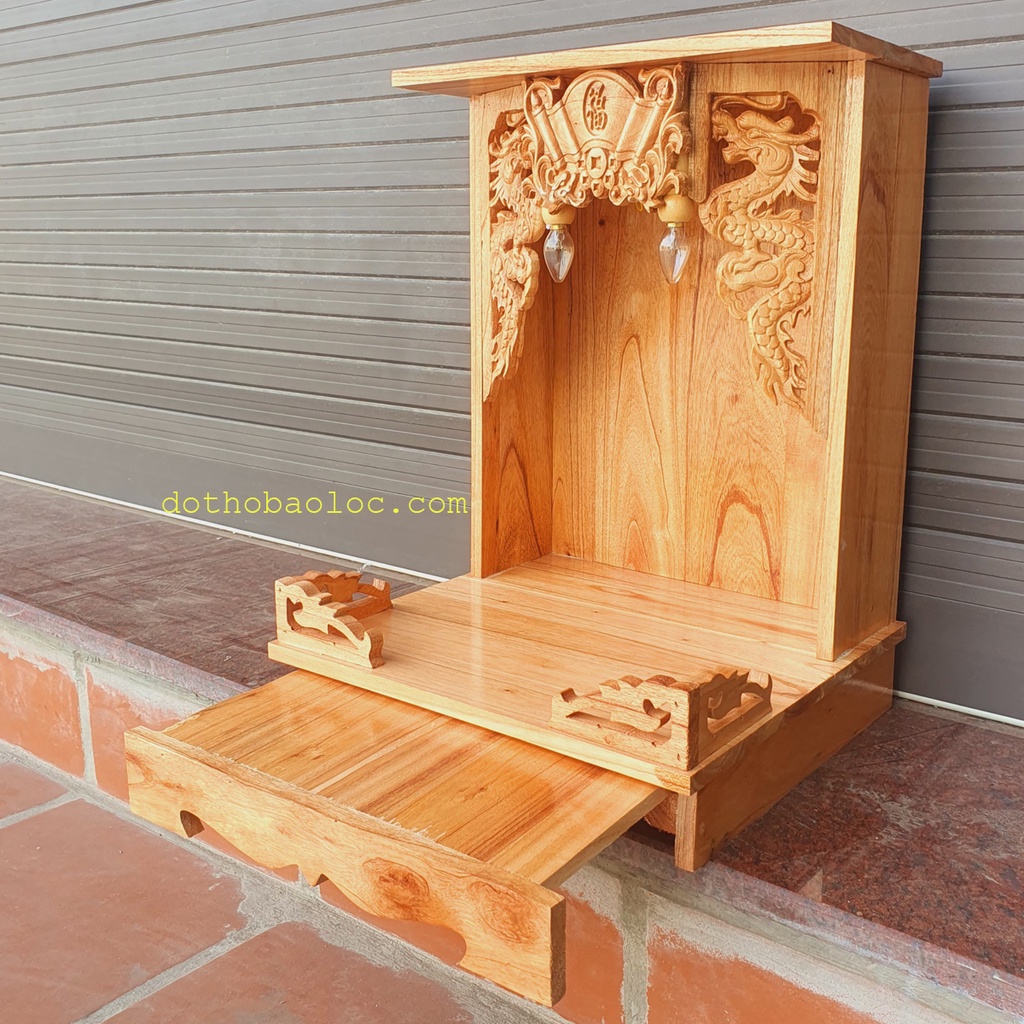 Bàn thờ thần tài ông địa gỗ xoan ngang 35cm lọng màu vàng nhạt