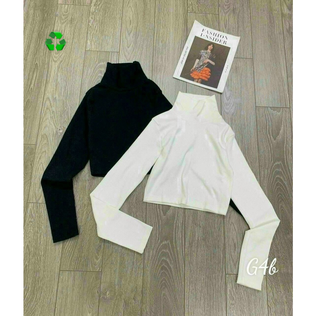 Áo thun nữ cổ lọ dáng ngắn croptop chất thun gân kiểu tay dài 42