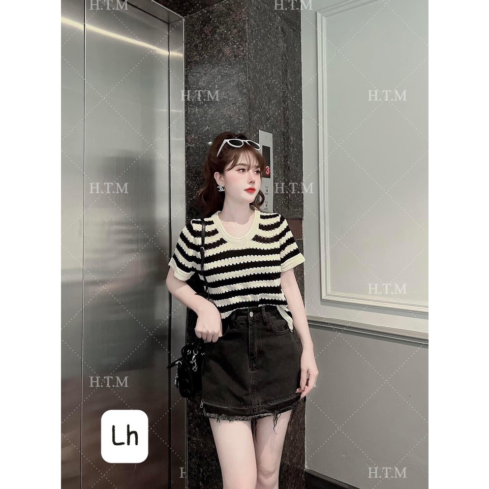 Áo len nữ dệt thủng, áo dệt kim dáng rộng kẻ sọc đen be thời trang hàn quốc cho nữ ..