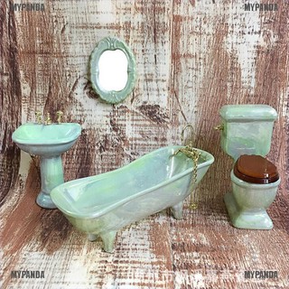 MYPANDA 1:12 Dollhouse miniature green porcelain bathroom set toilet basin bathtub