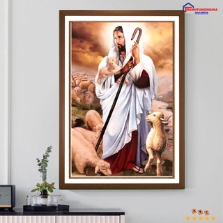 Tranh đính đá DD9508 (71cm x 47cm), tranh thêu chữ thập chúa chăn chiên LV3415 (40cm x 60cm)