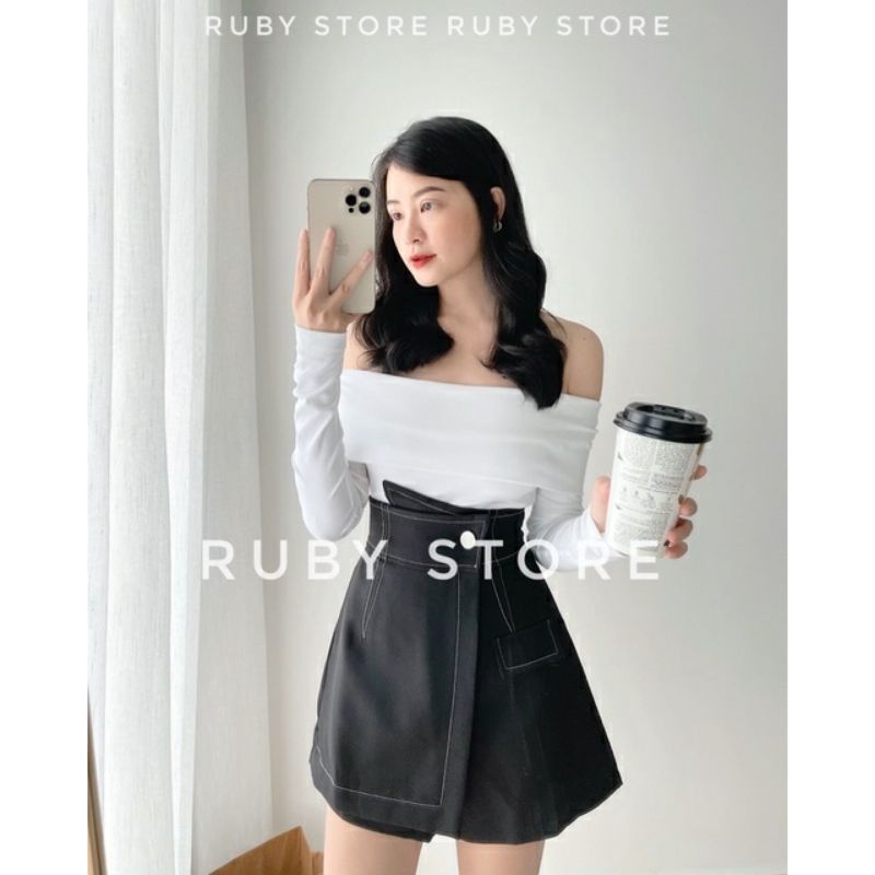 Set áo bẹt vai tay dài len kèm chân váy viền chỉ xịn xò