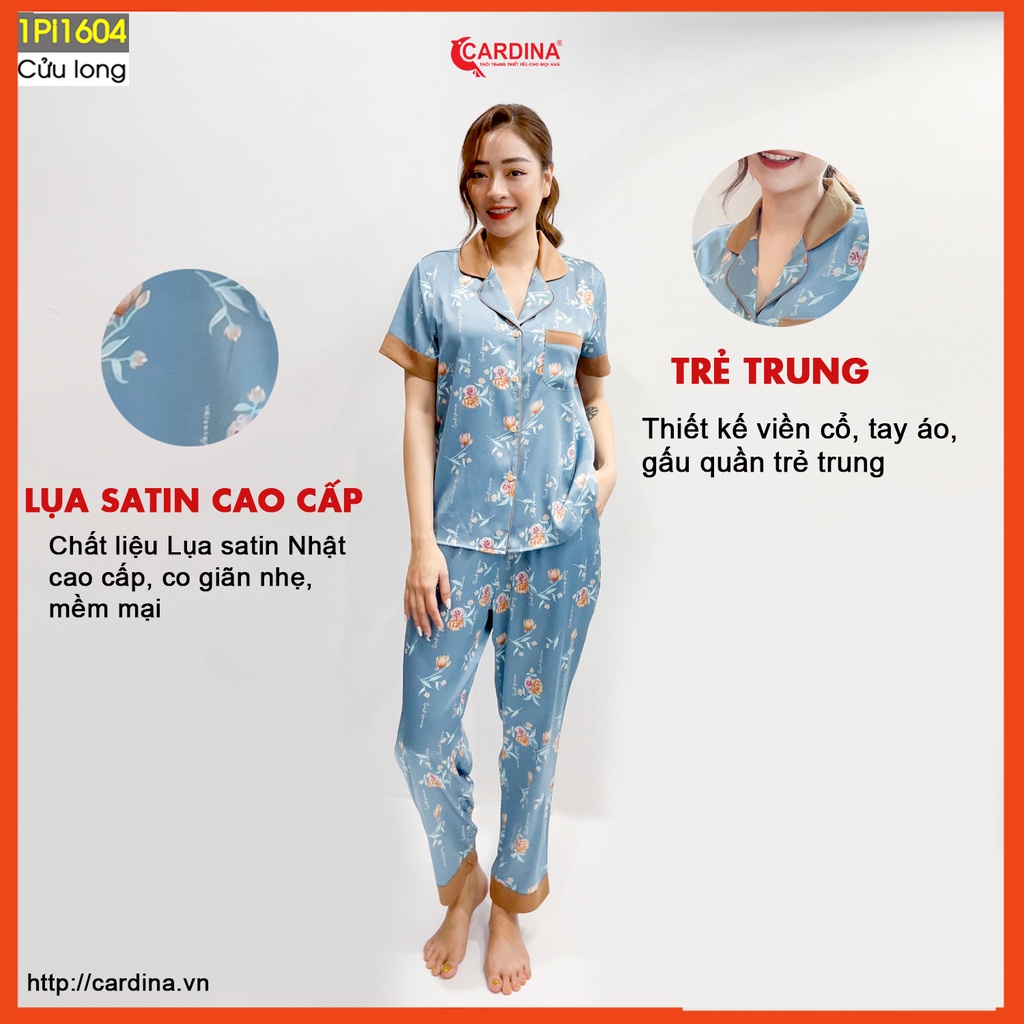 Đồ bộ pijama nữ CARDINA chất lụa satin Nhật cao cấp quần dài áo cộc tay họa tiết tinh tế trẻ trung 1Pi16.