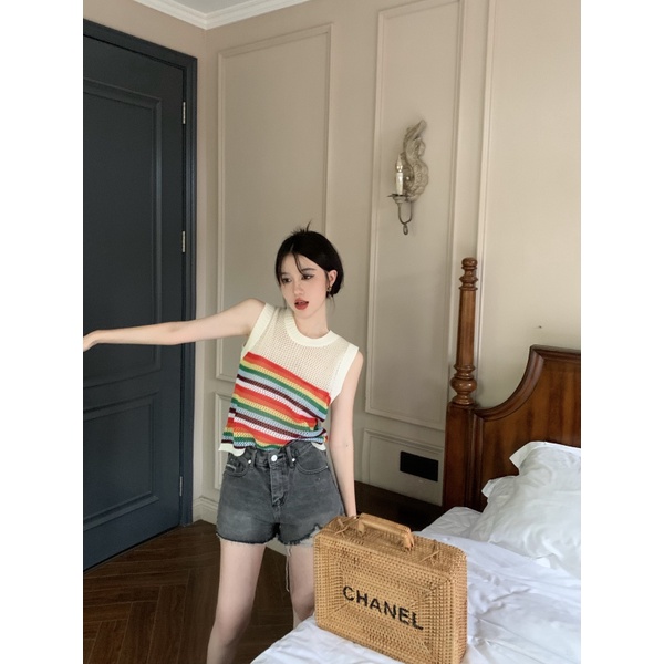 Áo Dệt Kim Sát Nách Dáng Rộng Họa Tiết Kẻ Sọc Thời Trang Mùa Hè Cho Nữ