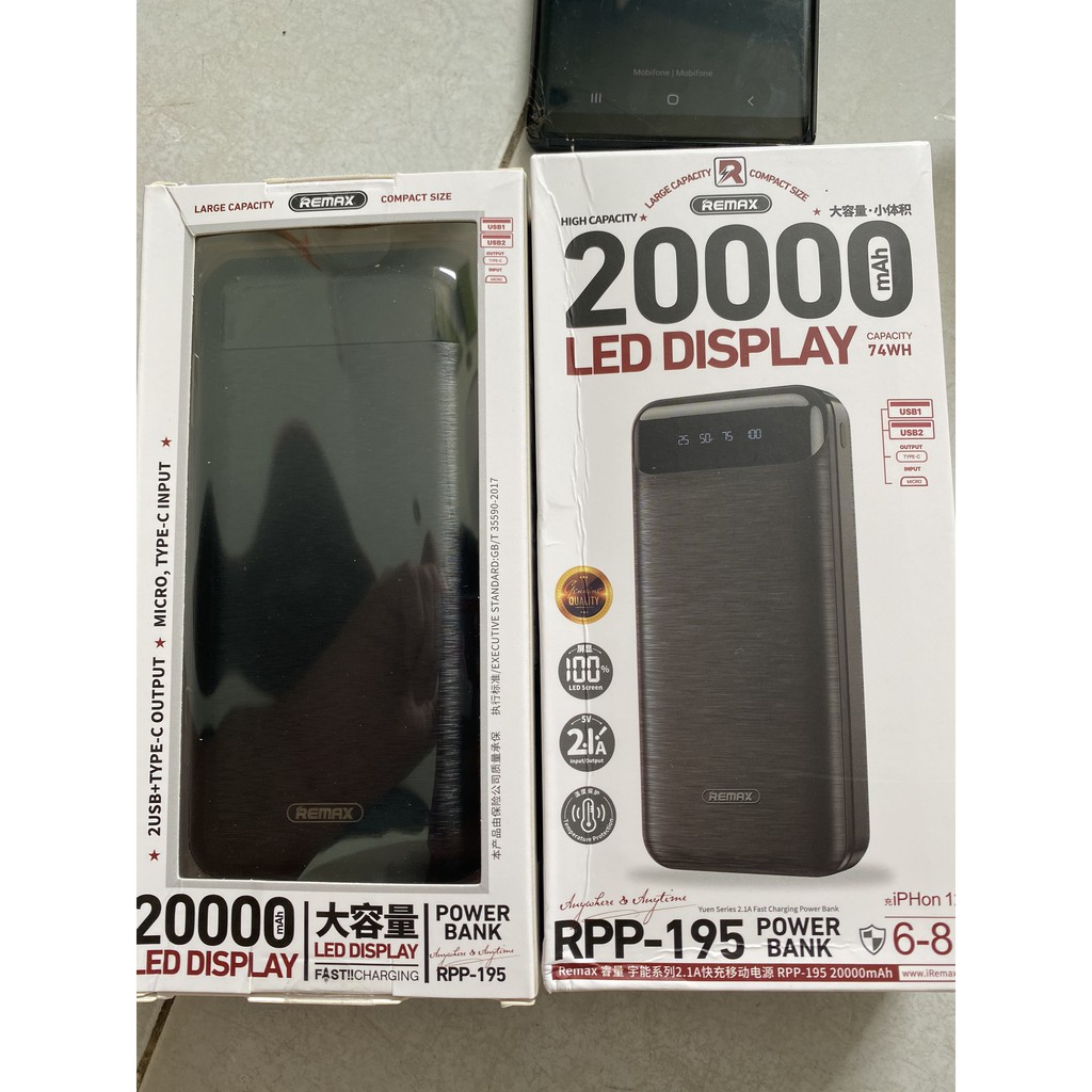 [Mã ELFLASH5 giảm 20K đơn 50K] Pin sạc dự phòng Remax RPP-195 20000mAh Led Display, 2 cổng input / output