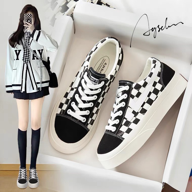 Giày Thể Thao Basic dáng cơ bản đế kiểu bánh mỳ độn 4cm kẻ ô Trend mới 2022