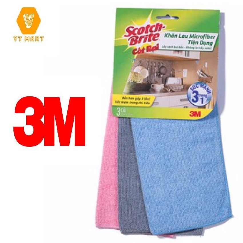 Bộ 3 khăn lau bếp đa năng tiện dụng Microfiber Scotch-Brite 3M KL-BEP3 lau sạch vết bẩn không gây trầy xước