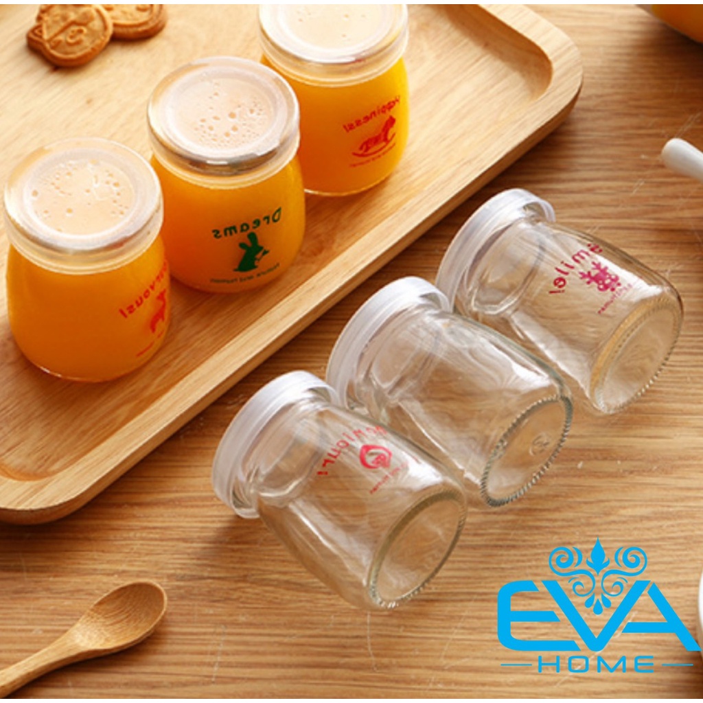 Bộ 12 Lọ / Hũ Thuỷ Tinh Làm Sữa Chua Có In Hình Và Nắp Nhựa 100Ml SP4827