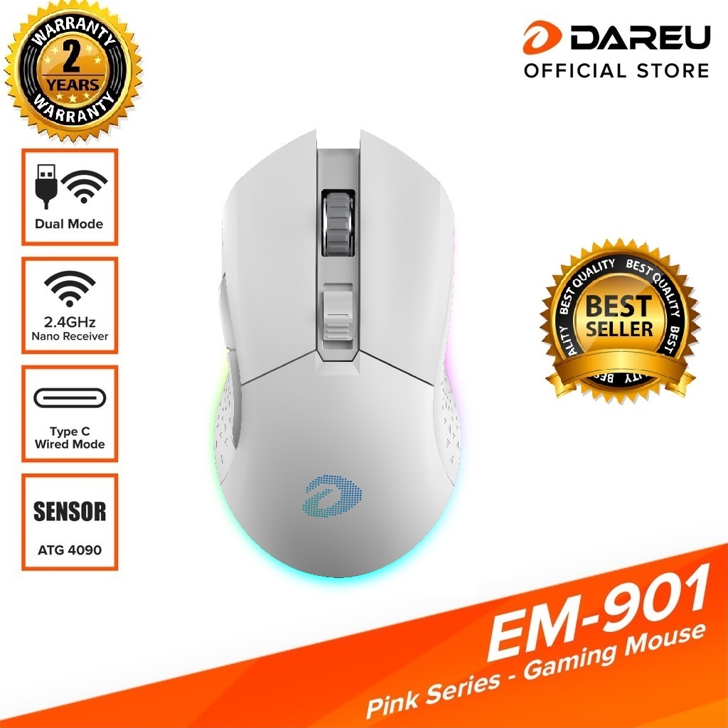 Chuột Không Dây Gaming Dareu EM901 RGB White (Màu Trắng) - Hàng Chính Hãng