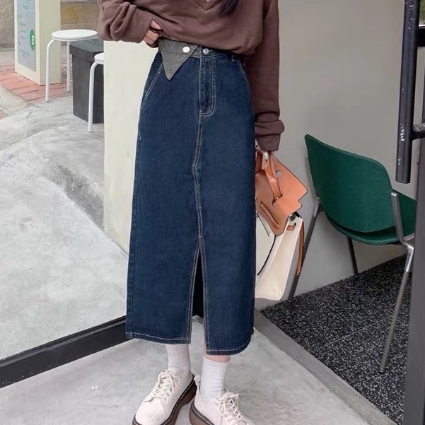 Chân váy jean kaki dáng dài, chân váy dài cạp cao hai màu xanh đen_A15