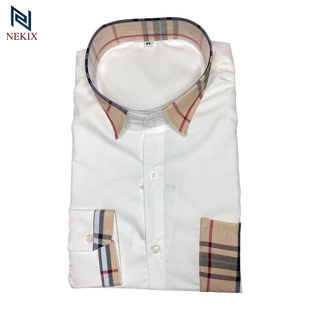 Áo Sơ Mi Nam Dài Tay Trắng Phối Kẻ Cổ Kẻ Tay Kẻ Túi Vải Lụa Trơn Form Body