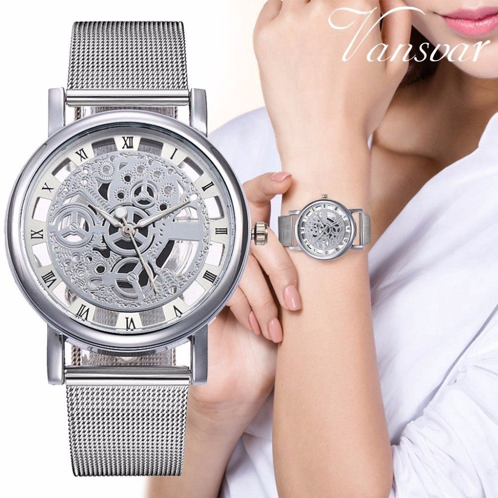 Đồng hồ đeo tay dạng kim hoạt động pin chất liệu thép không gỉ thời trang unisex