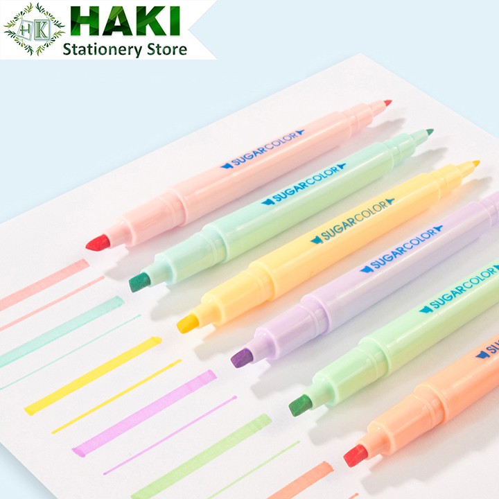 Bút highlight 2 đầu dạ quang HAKI, bút đánh dấu nhớ dòng cute nhiều màu marker dễ thương B10