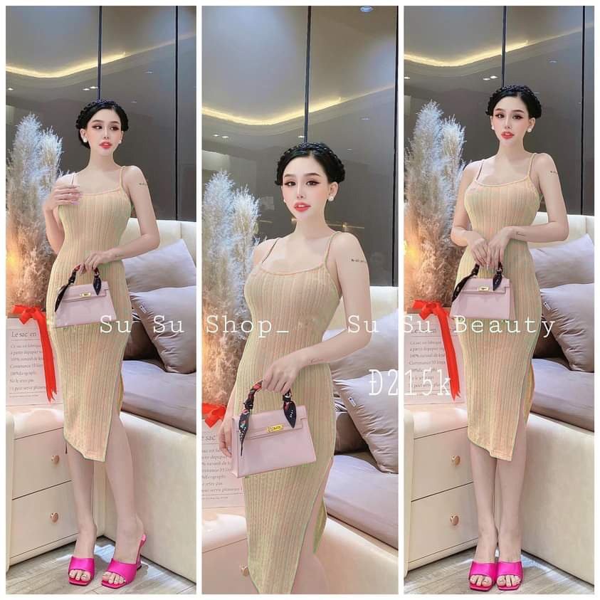 Đầm xốp 2 dây ôm body xẻ tà trơn cực xinh , chất thun xốp dày dặn
