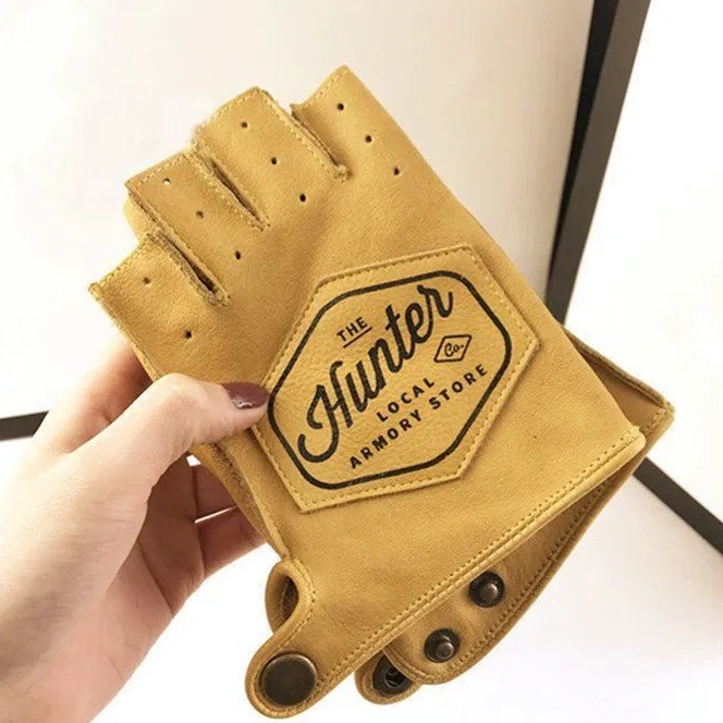 Găng Tay Hở Ngón Bằng Da Chống Trượt Phong Cách retro Dùng Khi Lái Xe Mô Tô