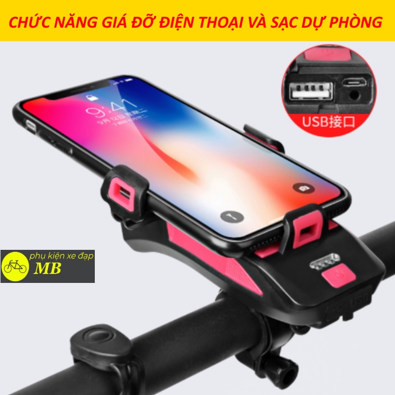 Đèn còi xe đạp siêu sáng sạc usb tính năng 4 trong 1  chống nước tuyệt đối