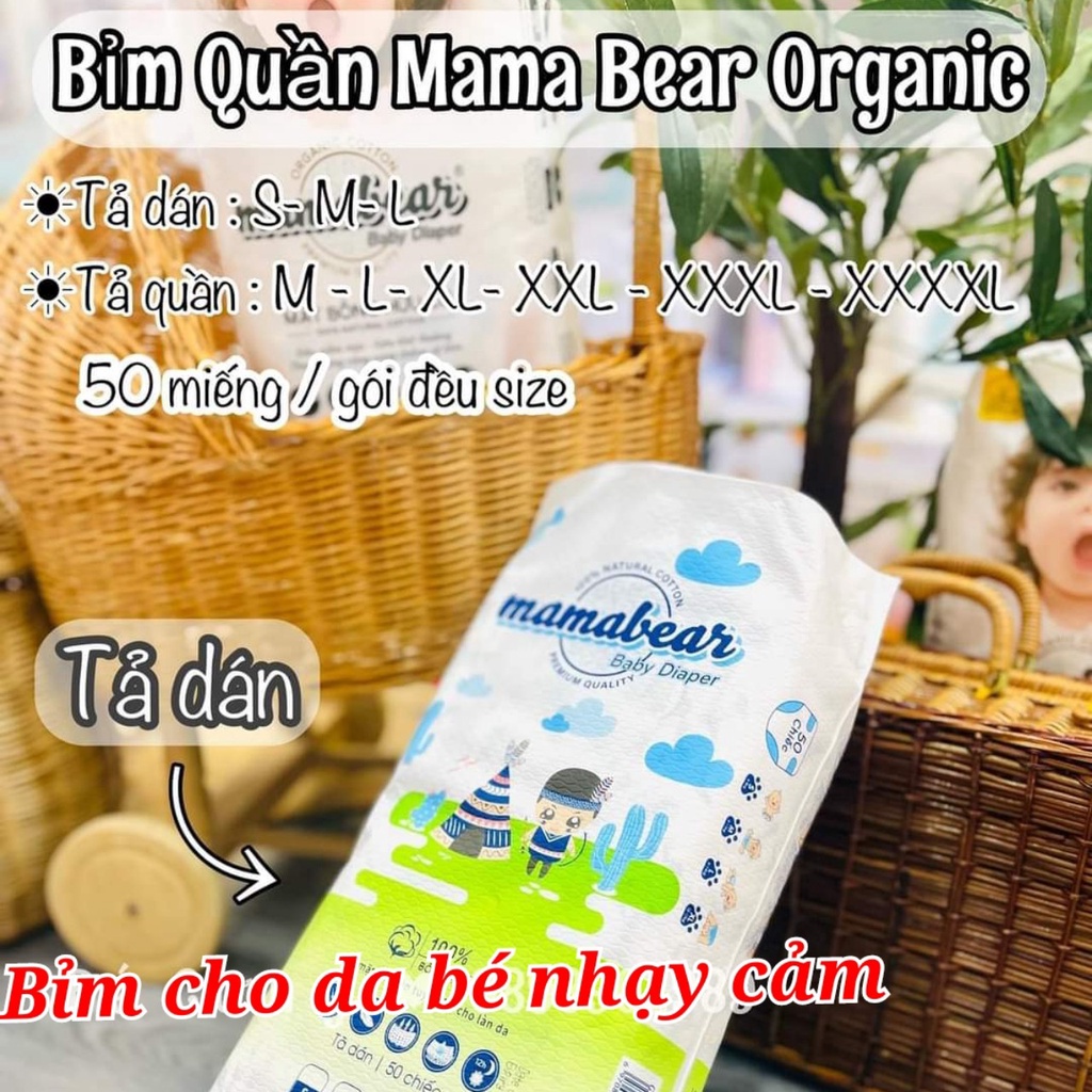 Tã dán bỉm Mamabear bông hữu cơ chống tràn an toàn cho trẻ sơ sinh S/M/50 miếng