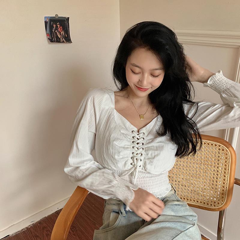 Áo Kiểu Nữ New Square Neck Blouse White Long Sleeve Women Korean Tops
