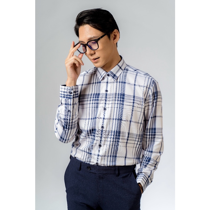 Áo Sơ Mi Nam Tay Dài Owen AR23385D Kẻ Caro Trắng Xanh Dáng Regular Fit Không Túi Vải Sợi Tre Cao Cấp