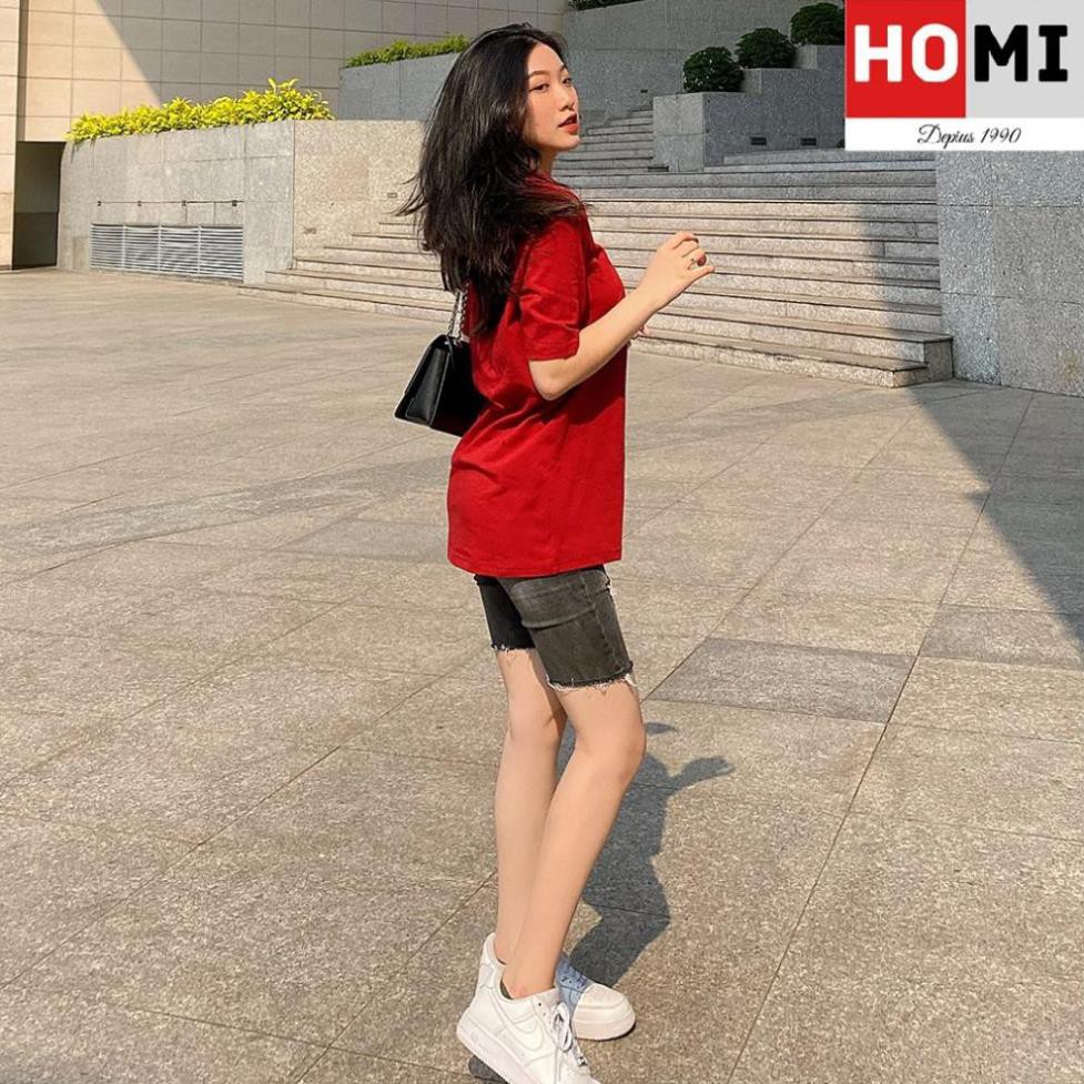 Áo Thun Basic Trơn Unisex 100% cotton, áo form nam nữ tay lỡ màu Đỏ Đô-HOMI Fashion  ྇