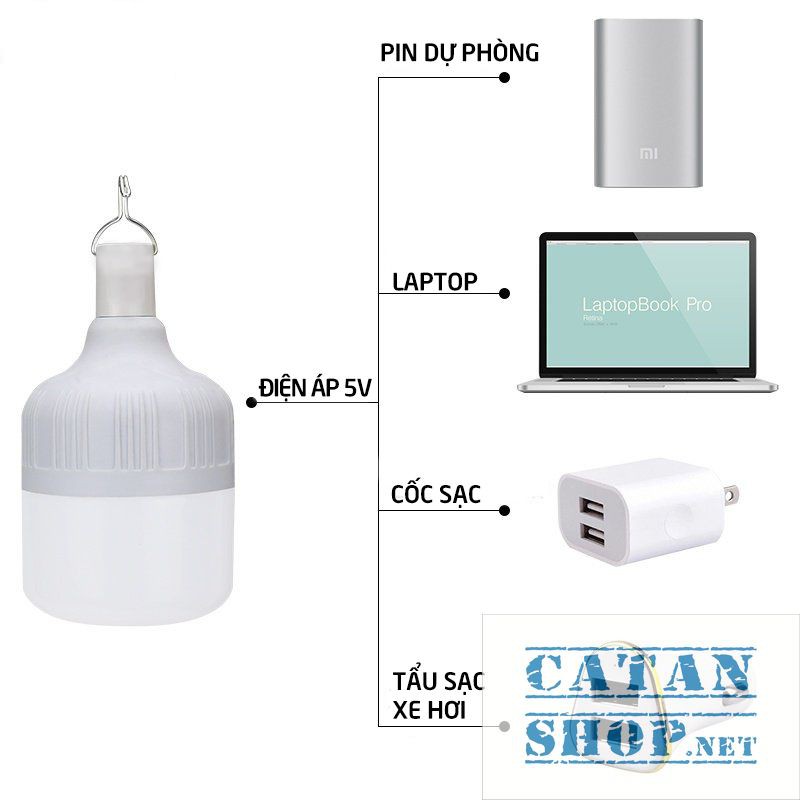 Bóng đèn LED sạc tích điện, đèn led sạc pin ánh sáng trắng, có móc treo kèm theo, chống thấm nước, công suất 20W HL146