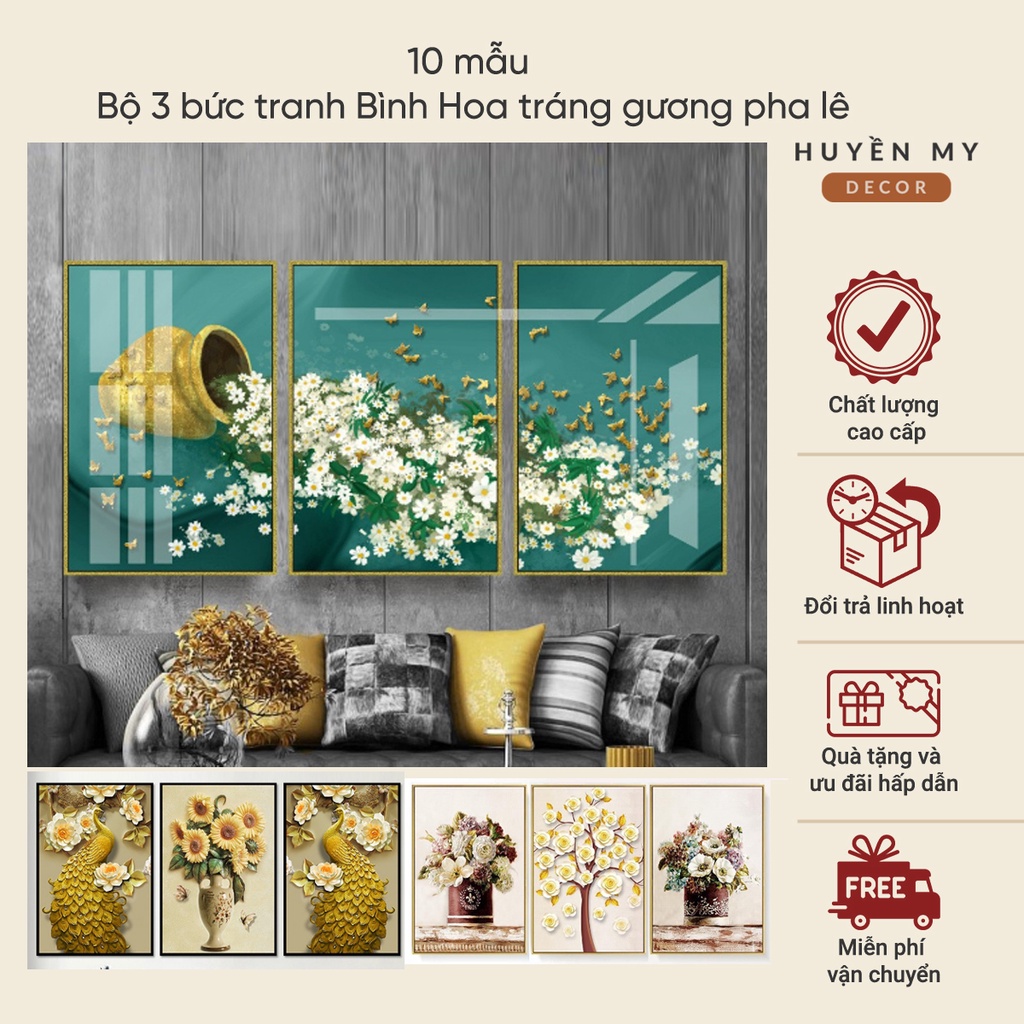 10 MẪU Bộ 3 bức tranh Bình Hoa tráng gương pha lê giá xưởng treo phòng khách, phòng ngủ sang trọng
