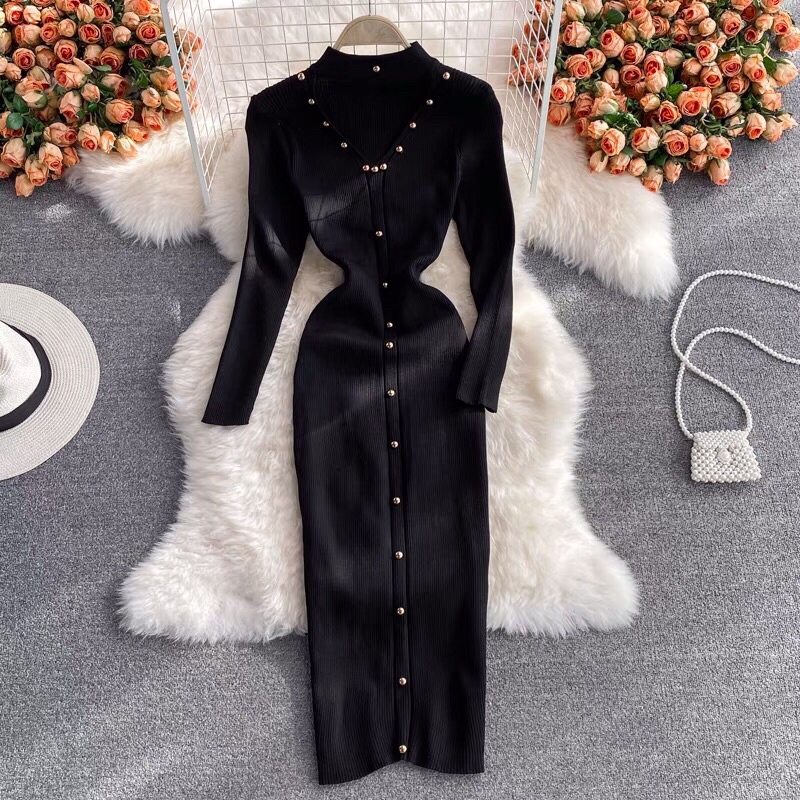 Đầm len nữ body khoét cổ, đầm ôm tôn dáng