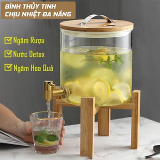 [ CHÍNH HÃNG- TẶNG KÈM KỆ GỖ] Bình nước thủy tinh- Bình thủy tinh cao cấp có vòi kèm kệ gỗ tiện lợi
