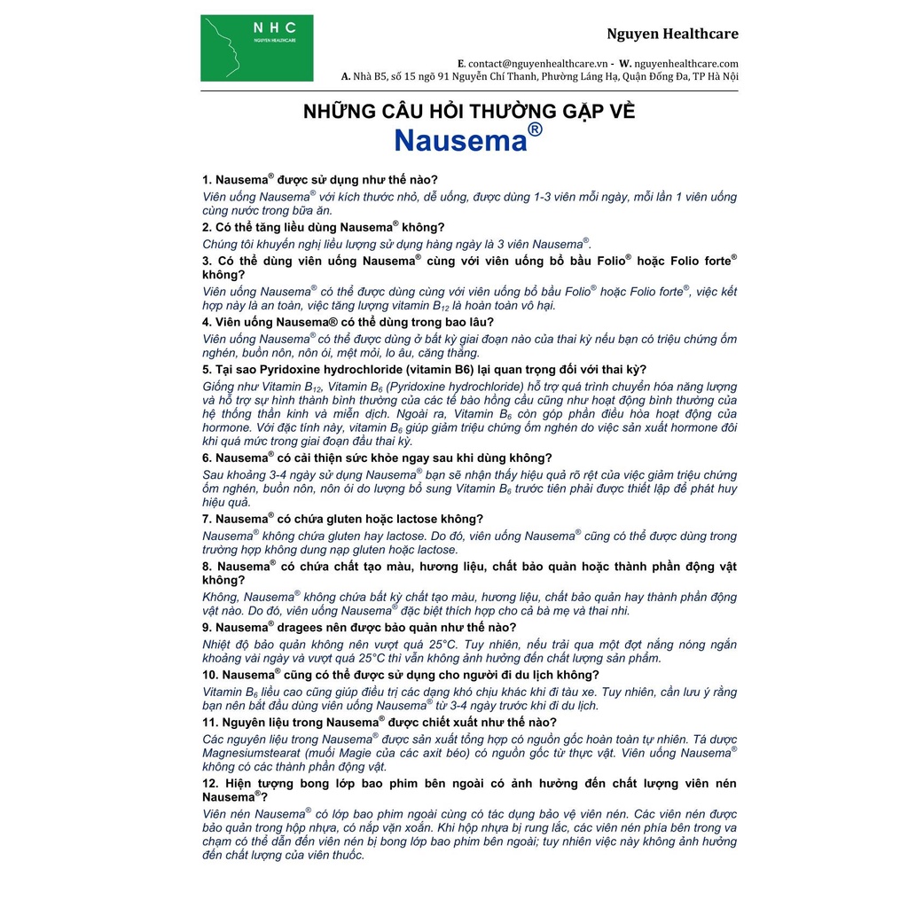 Nausema viên uống chống ốm nghén, tạo máu, giảm chóng mặt lo âu cho mẹ bầu - Hộp 30 viên