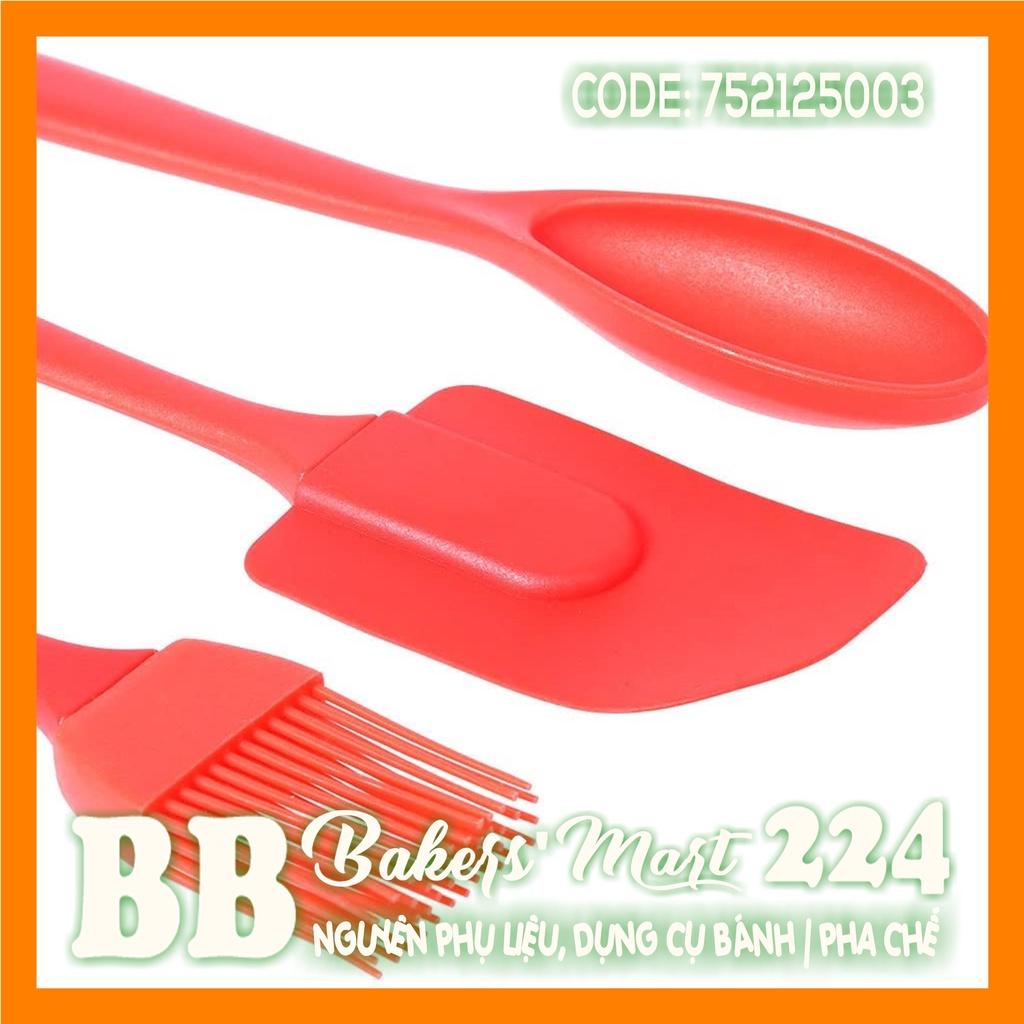 ĐỎ - Combo bộ 3 dụng cụ silicone nhỏ ĐỎ: 01 vét spatula nhỏ, 01 muỗng, 1 chổi quét | GIAO MÀU NGẪU NHIÊN