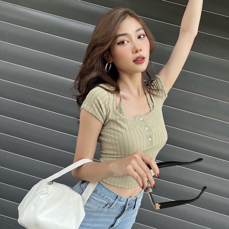 Áo croptop nữ body ngắn tay TOPTIFY yếm liền cổ trụ vải thun xô Hàn Quốc Call Me top AC209 | WebRaoVat - webraovat.net.vn