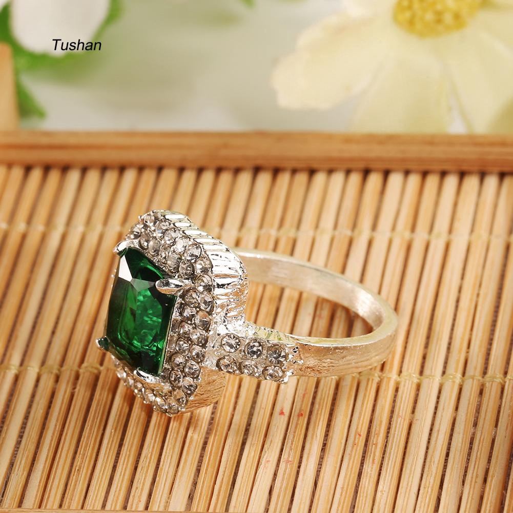 Nhẫn Cưới Mạ Bạc Đính Đá Zircon Màu Xanh Lá Cây Thời Trang Cho Nữ