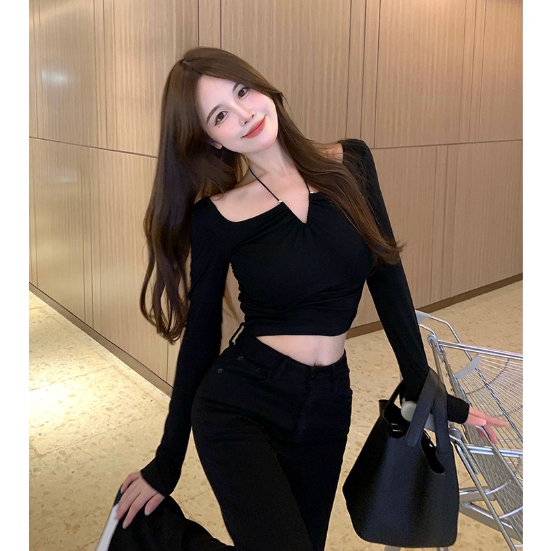 QKOOLE  Áo tay dài  màu trơn hai dây chéo cổ ôm dáng gợi cảm phong cách Hàn Quốc dành cho nữ