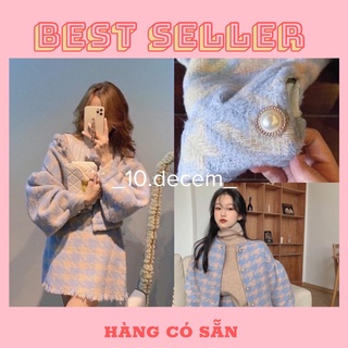 Set váy dạ tweed nữ mùa đông cao cấp kiểu dáng tiểu thư tay bồng cúc ngọc
