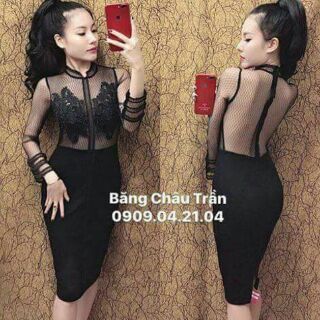 Đầm body lưới bi đắp ren