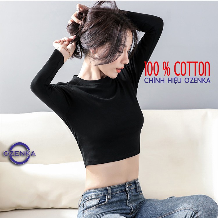 Áo croptop tay dài ôm nữ đen trắng thun gân OZENKA , áo thun crt body 100% cotton free size 40 đến 53 kg CRT 263