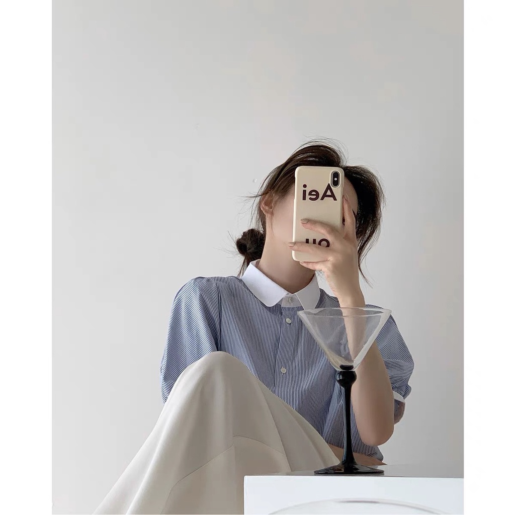 Áo Sơ Mi Tay Ngắn Phồng Họa Tiết Kẻ Sọc Màu Xanh Dương Thời Trang Mùa Hè Cho Nữ