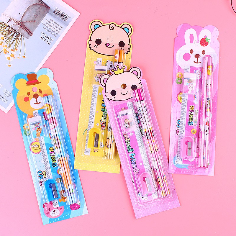Bộ bút chì kèm tẩy gôm, thước kẻ và gọt bút chì quà cho bé học tập ( set 5 món)
