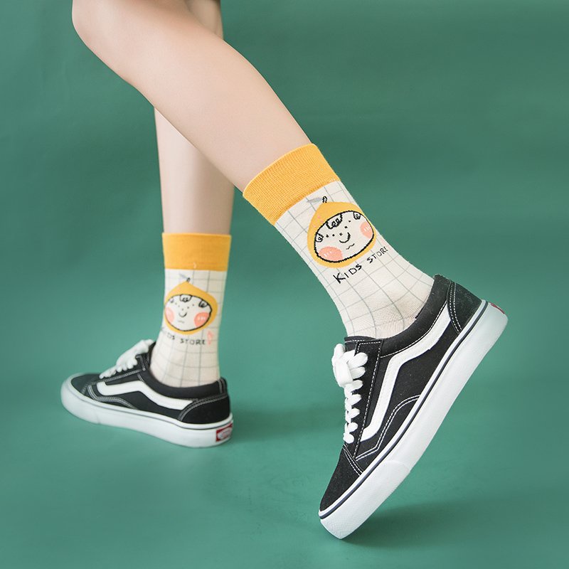 Tất nữ vớ nữ cổ cao chất liệu cotton mềm mại in họa tiết hoạt hình phong cách Hàn Quốc