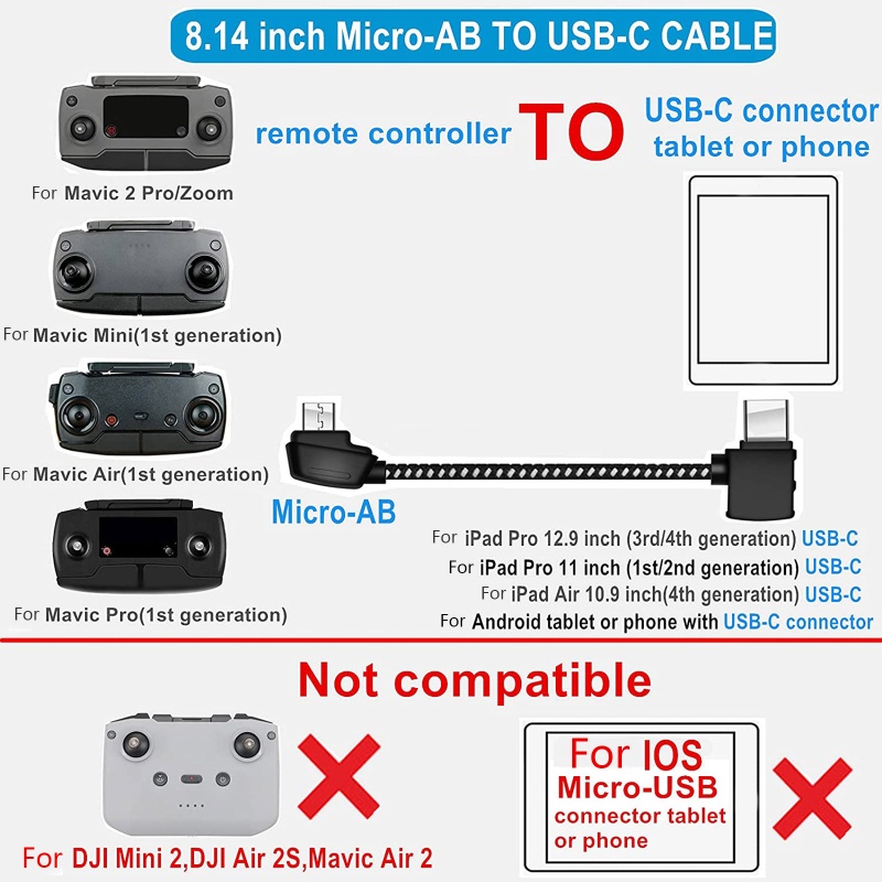 Cáp Dữ Liệu Nối Dài 20.7cm Micro USB Sang Type C Cho Mavic 2 / AIR / PRO Aerial RC