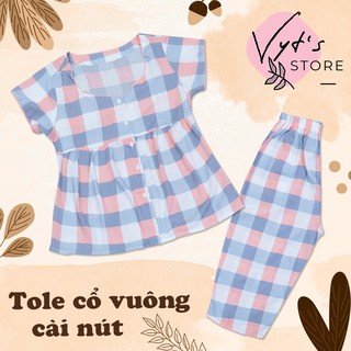 Đồ bộ nữ tole lanh lửng cổ vuông nút_01