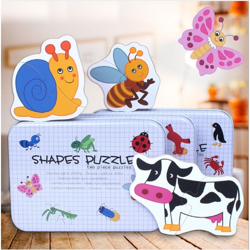 Đồ chơi bộ ghép hình hộp sắt 2 mảnh Shapes Puzzle thông minh bé phát triển trí tuệ - nhiều mẫu