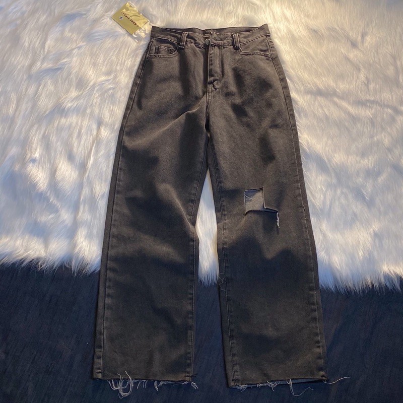 Quần Jeans MON Nữ Dáng Suông Lưng Cao Rách Gối Ulzzang (ẢNH THẬT)