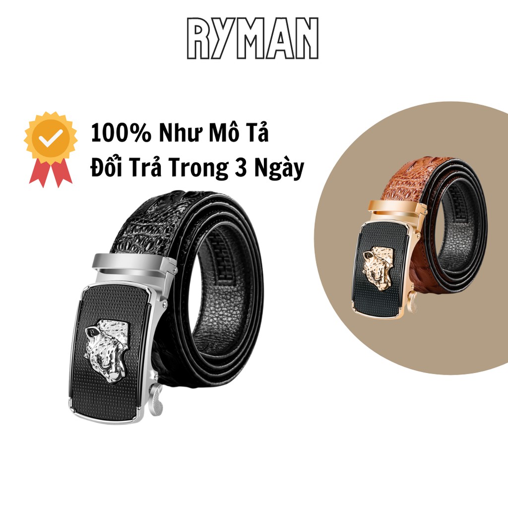 Thắt lưng nam khóa cài tự động kẹp rút mặt báo hợp kim, dây da vân cá sấu 3 lớp cao cấp đuôi nhọn bền đẹp, sang trọng