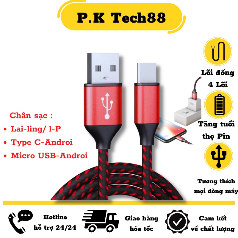 Dây sạc nhanh M15, Cáp sạc bọc dù chồng đứt dài 1m hỗ trợ dòng 2.5A dùng cho các dòng máy